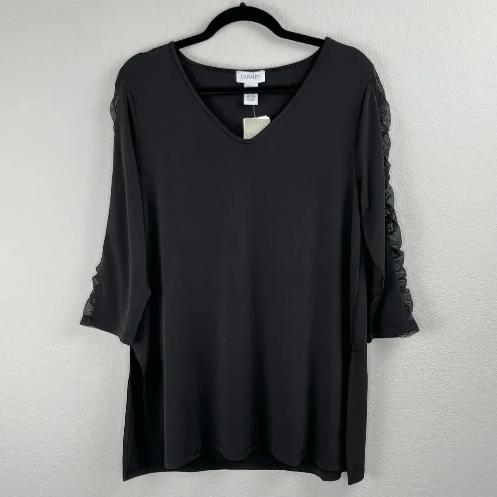 Carmen Marc Valvo Black V-Neck Sheer Mesh Sleeve Blouse NWT Large - Picture 1 of 11